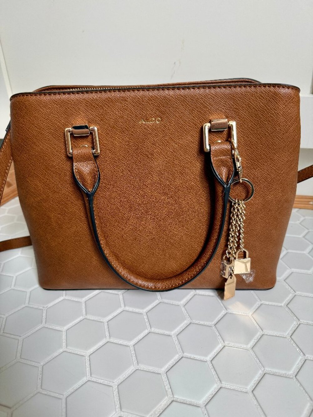 ALDO Cognac Brown Structured Satchel Tote Crossbody Bag Gold Hardware Work Bag